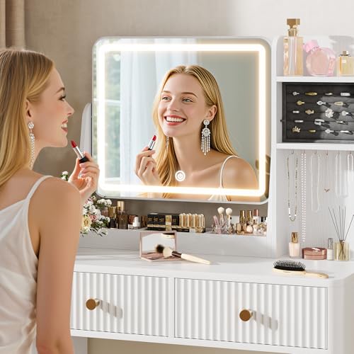 Fluted Makeup Vanity Desk with Mirror and Lights | Small Vanity with 3 Lighting Modes Adjustable Brightness, Jewelry Storage Cabinet and 2 Drawers, White - color: White