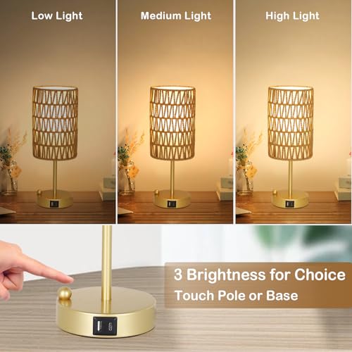 Gold Bedside Lamps Set of 2, Touch Control Night Stand Lamp for Bedroom with Rattan & Linen Shade & Bulbs, 3 Way Dimmable Small Boho Table Lamps with USB Charging Port & Phone Stand - color: Gold-2pack