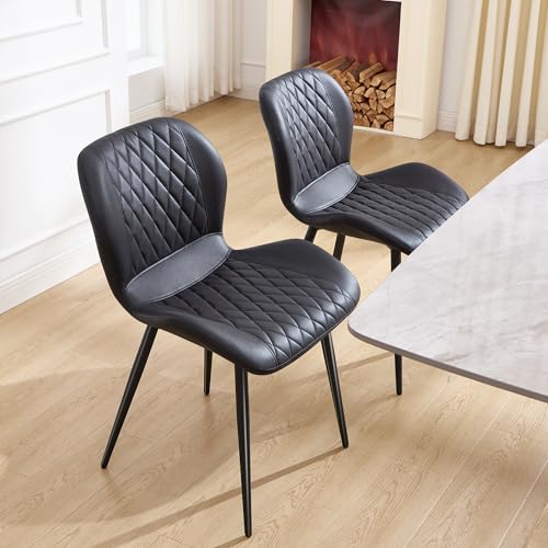 Dining Chairs Set of 2, Comfy Modern Dining Chairs with Thick Cushions, Upholstered Fabric Kitchen Side Chairs with Adjustable Metal Legs for Dining Room (Black) - color: Black, size: Set of 2