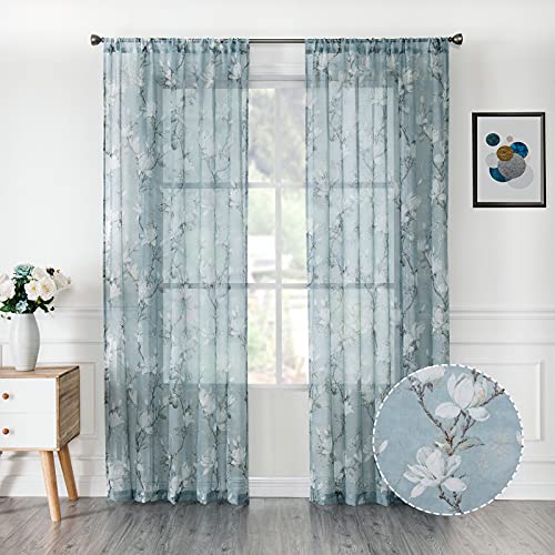 Tollpiz Floral Blue Short Sheer Curtains Flower Print Vine Embroidery Bedroom Curtain Rod Pocket Voile Window Curtains for Living Room, 54 x 45 inches Long, Set of 2 Panels - color: Blue, size: 54"W x 45"L (Pack of 2)