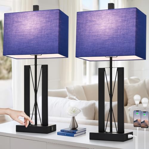 Lolikit 25" Table Lamps for Living Room Set of 2, Bedside Lamps for Bedroom | 2 USB Charging Ports,Blue and Black,Geometric Industrial Contemporary,2 LED Bulbs Shade Included,Nightstand,End Table - color: Blue - 25"H