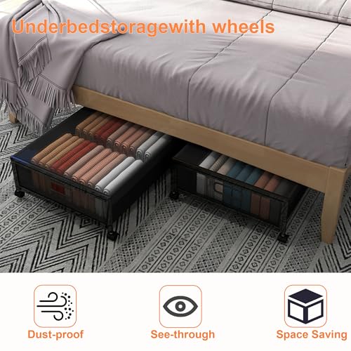 Under Bed Storage with Wheels, Rolling Underbed Storage Organizer, Heavy Duty Under Bed Storage for Clothes, Blankets and Bedding, Low Profile Underbed Container, Black