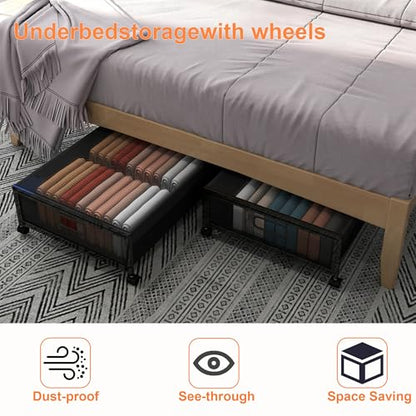 Under Bed Storage with Wheels, Rolling Underbed Storage Organizer, Heavy Duty Under Bed Storage for Clothes, Blankets and Bedding, Low Profile Underbed Container, Black
