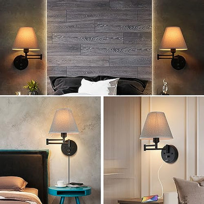 Swing Arm Wall Lamp.Wall Mount lamp with Dimmable Switch.Plug in Wall Sconces with USB Charging Port. Black Sconces Wall Lighting Suitable for Bedroom,Living Room. - color: Black