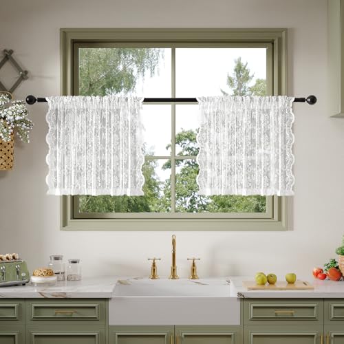 Anmao Vintage Lace Kitchen Curtains 24 Inches Long 2 Panels, Romantic Semi Sheer Floral Over Sink Lacy Cafe Curtain, Elegant Window Short Small Drapes, 55W x 24L, Pure White - color: Pure White Plum, size: 55"W x 24"L (Pack of 2)