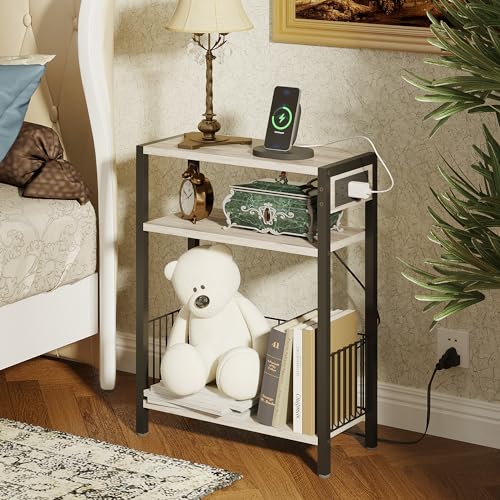 TRIFEBLE Narrow Side Table with Charging Station, Small End Table for Small Spaces, Slim Nightstand with Storage Basket, 3 Tier Skinny Bedside Table for Living Room, Bedroom, Greige - color: Greige