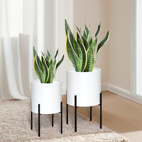 ARNIS Modern Plant Pots, Large Planters with Stand, Set of 2 Decorative Planters, Metal Pots with Drainage Holes for Living Room, Office, Garden or Balcony, 10.5 &12.25 Inch, White - color: White, size: 10.5 &12.25