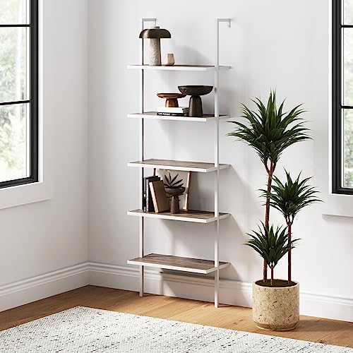 Nathan James Theo 5-Shelf Modern Bookcase, Open Wall Mount Ladder Bookshelf with Industrial Metal Frame, Gray Oak Wood/White - color: Theo Gray Oak Wood/White, size: Set of 1