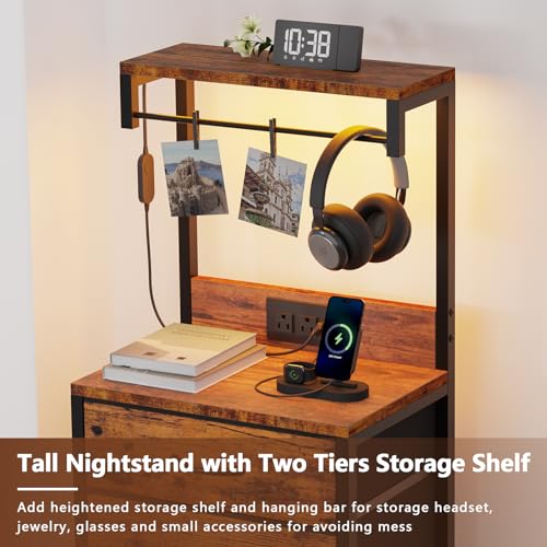 Night Stand with Charger Station, 4 Fabric Drawers and LED Lights | 38'' Tall Bedside Table with Storage Shelf for Bedroom, Office, Metal Frame, Wood Shelves, Rustic Brown Nightstand - color: Rustic Brown