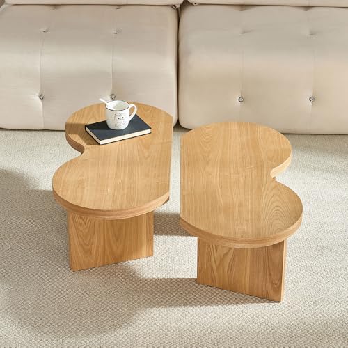 Nesting Coffee Table Set of 2 for Living Room, Couch/Bedroom Side, Butterfly Shaped Unique Cute, 31.49" Wood Irregular Fun Center Table for Small Space - Oak - color: 31.5"&31.5"-oak