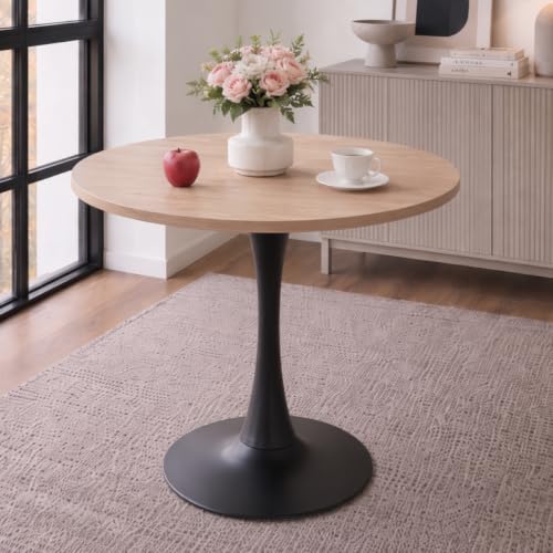 31.5" Small Round Dining Table for 2, [Sturdy Metal Tulip Base] Modern Circle Kitchen Table, for Dining Room Apartment Office Space Saving - color: Natural With Black Base, size: 31.5"