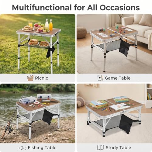 Small Folding Camping Table, 2ft Portable Picnic Table Aluminum 24" x 16" Folding Table, 3 Adjustable Heights Portable Lightweight Table Dining Table for RV, Picnic, Beach (Wood Pattern) - color: Wood Pattern