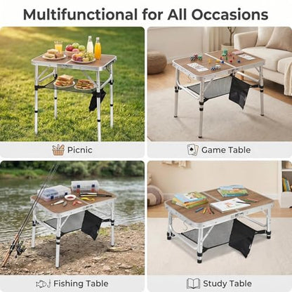 Small Folding Camping Table, 2ft Portable Picnic Table Aluminum 24" x 16" Folding Table, 3 Adjustable Heights Portable Lightweight Table Dining Table for RV, Picnic, Beach (Wood Pattern) - color: Wood Pattern