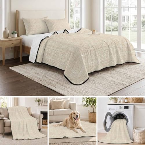 Twin Quilt Bedding Set, Minimalist Beige Aesthetic Soft Microfiber Summer Bedspread Coverlet with 2 Pillow Shams for All Season, Retro Linen Textured Breathable Bedding Set for Hot Sleepers - size: Twin