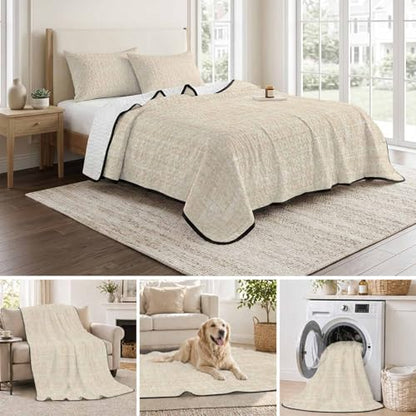 Twin Quilt Bedding Set, Minimalist Beige Aesthetic Soft Microfiber Summer Bedspread Coverlet with 2 Pillow Shams for All Season, Retro Linen Textured Breathable Bedding Set for Hot Sleepers - size: Twin