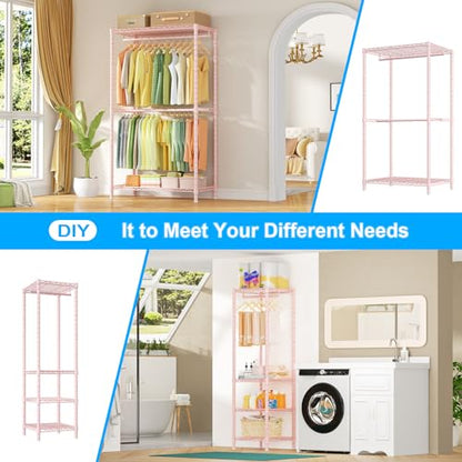 E10 Clothes Rack（With Stretchable Hanger Rod）Freestanding Clothing Racks for Hanging Clothes，Adjustable Closet Organizer System，Portable Garment Rack 73-97"W x 15" D x 72" H，Max Load 800LBS，Pink - color: Pink