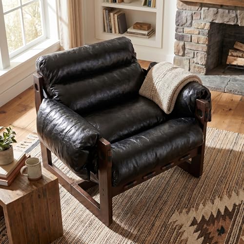 Modern Leather Accent Chair, Mid Century Reading Chair with Solid Wood Frame and Removable Padded Armrests, Upholstered Armchair with Soft Cushion for Bedroom Balcony Lounge Reading Room, Retro Black - color: Pu Leather-black
