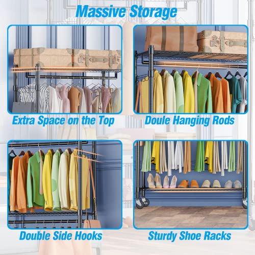 Homdox Rolling Garment Rack with Double Rod, Heavy Duty Clothing Rack with Shelves, Portable Clothes Rack, Free Standing Wardrobe Rack, with Lockable Wheels & Hanging Hooks, Max Load 450 LBS, Black - color: Black, size: 17.72"D x 47.24"W x 80.71"H