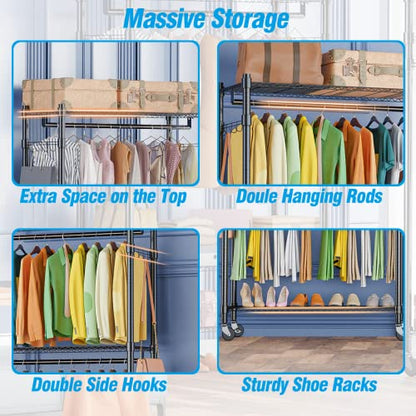 Homdox Rolling Garment Rack with Double Rod, Heavy Duty Clothing Rack with Shelves, Portable Clothes Rack, Free Standing Wardrobe Rack, with Lockable Wheels & Hanging Hooks, Max Load 450 LBS, Black - color: Black, size: 17.72"D x 47.24"W x 80.71"H