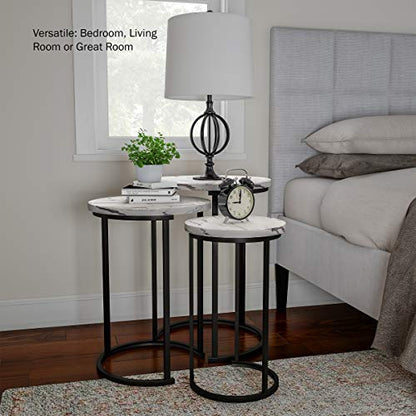 Lavish Home Round Nesting Tables Set of 3, Faux Marble Tabletop, White | 25”H / 22.5”H / 20.25”H Modern Side Tables, Space Saving Accent Table Set, for Living Room, Bedroom, Dorm or Home Office - color: White Marble