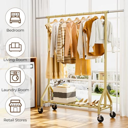 HYSEYY Heavy Duty Clothes Rack Load 450 LBS, Metal Garment Rack, Standing Rolling Clothing Rack for Hanging Clothes with Sturdy Wheels & Shelves, Portable Closet Wardrobe Rack,Gold - color: Gold