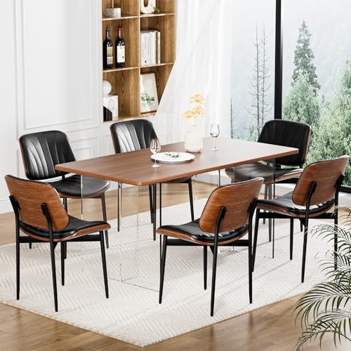 YaFiti Mid Century Dining Chairs Set of 2 with Walnut Bentwood, Black | Ergonomic Walnut Backrest, Upholstered Waterproof PU Leather Seat, Stable Metal Legs, Adjustable Footpads, Apartment Friendly - color: Black Scallop