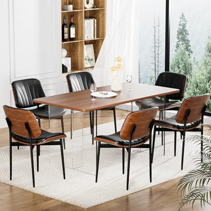 YaFiti Mid Century Dining Chairs Set of 2 with Walnut Bentwood, Black | Ergonomic Walnut Backrest, Upholstered Waterproof PU Leather Seat, Stable Metal Legs, Adjustable Footpads, Apartment Friendly - color: Black Scallop