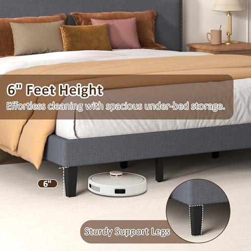 King Size Bed Frame with Upholstered Headboard, Platform Bed with Soft Linen Adjustable Headboard | Classic Elegant Studded Design | Wood Slats | No Box Spring Needed, King Bed Frame Dark Grey - color: Dark Grey, size: King (U.S. Standard)