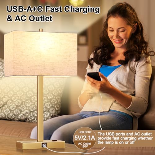 Lynnoland 21" Set of 2 Table lamp with USB A+C & AC Outlets, Touch Control 3-Way Dimmable Nightstand Lamps for Living Room Bedroom Office Reading, Linen Shade Touch Lamps, 3000K LED Bulbs Included - color: (2 Pack) Natural Linen & Brushed Gold (Base)-3000