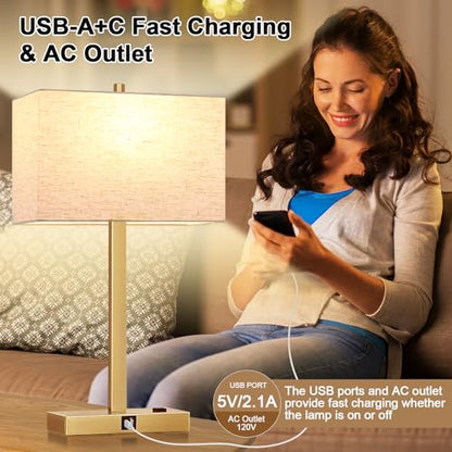 Lynnoland 21" Set of 2 Table lamp with USB A+C & AC Outlets, Touch Control 3-Way Dimmable Nightstand Lamps for Living Room Bedroom Office Reading, Linen Shade Touch Lamps, 3000K LED Bulbs Included - color: (2 Pack) Natural Linen & Brushed Gold (Base)-3000