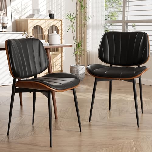 Dining Chairs Set of 2, Mid Century Modern Dining Room Chair, Upholstered Faux Leather Kitchen Chairs with Walnut Bentwood Back and Metal Legs for Kitchen Dining Room Living Room, Black - color: Black, size: Set of 2