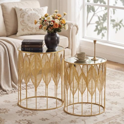 Homebeez Gold Nesting Tables Set of 2, Stainless Steel Top Round End Table | with Glam Leaf Design for Living Room & Bedroom, No Assembly Required - color: Gold Leaf