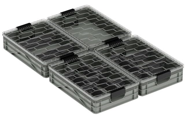 Quarter Crate 4-Pack Stackable Storage Bins, Aircraft | Polypropylene, 14 dividers included, 19.16x12.75x4.57 in, over 1000 lb stack, lids sold separately - color: Aircraft