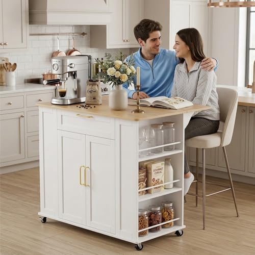 Faesun Kitchen Island on Wheels with Storage, Portable Kitchen Cart with Foldable Drop Leaf & Adjustable Shelves, Rolling Kitchen Island Cabinet with Spice Rack & 5 Casters, FSC Wood, White
