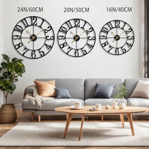 LEIKE Large Wall Clocks,Silent,Non Ticking,Battery Operated Big Retro Round Modern Metal Wall Clock for Living Room, Bedroom,Dinning Room,Farmhouse,Office,Home Decor-20 Inch(Black-Arabic Number) - color: Black Metal-arabic Number, size: 20 IN