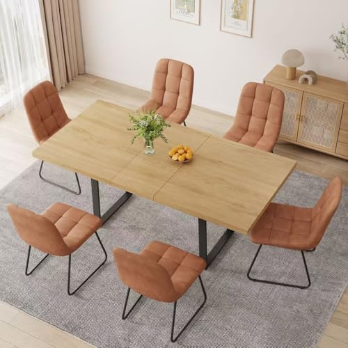 Mid-Century Extendable Dining Table Set, 51"-67", 6 Upholstered Chairs - color: Table With 6 Brown Chairs-b, size: 51"-67"