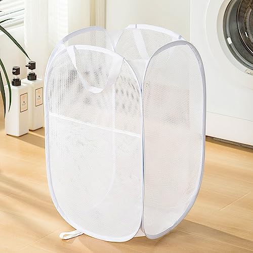 Collapsible Mesh Laundry Basket，Pop Up Laundry Hamper-Easy Storage, Ideal for Home and Travel Use (2 white)