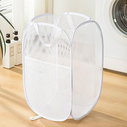 Collapsible Mesh Laundry Basket，Pop Up Laundry Hamper-Easy Storage, Ideal for Home and Travel Use (2 white)