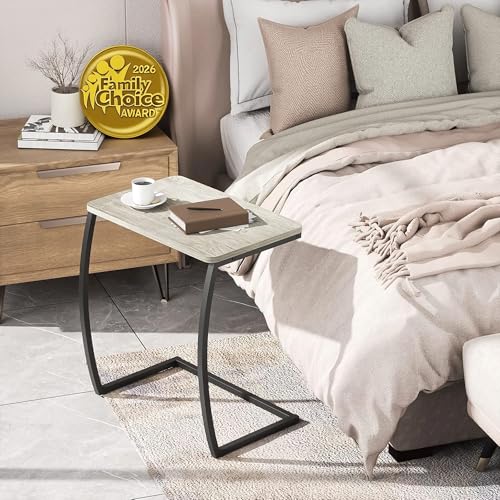 SRIWATANA Light Grey C Shaped Side Table, End Table for Sofa Couch Bedside | Space-Saving C-Table Slides Under Sofa; Sturdy Wood & Metal Frame with Adjustable Feet for Laptop, Coffee, and Snack Use - color: Light Grey