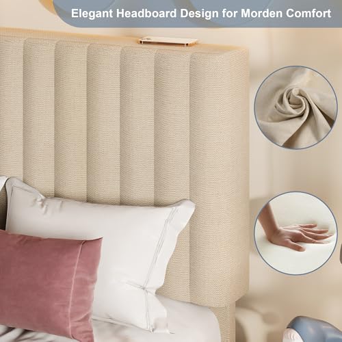 Einhomn Twin Size Bed Frame with Headboard, Upholstered Linen Platform Bedframe with Solid Wooden Slats, Noise-Free, No Box Spring Needed, Easy Assembly, Beige - color: Beige, size: Twin