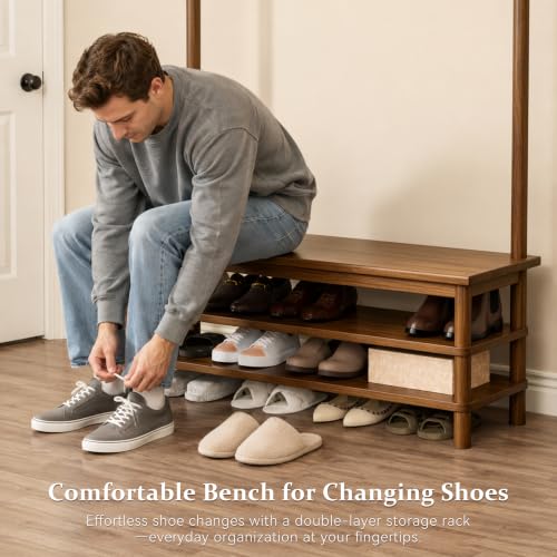 Hall Tree with Shoe Storage Bench, 3-in-1 Entryway Coat Rack with Bench, 11 Hooks, Freestanding Wooden Entryway Organizer for Mudroom, 35" Long - size: 35" Long