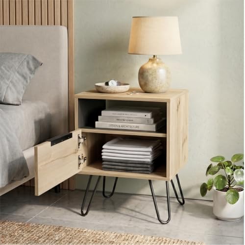 Tuhome Augusta Nightstand, Small Night Stand with Storage Drawer & Open Shelf, 22.2" Tall Narrow Bedside Table on Metal Hairpin Legs, Engineered Wood, Black or Light Oak - color: Light Oak