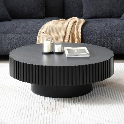 31.49'' Black Round Coffee Table for Living Room, Modern Wood Nesting Coffee Table Handcraft Circle Fluted Drum Coffee Table, Easy Assembly,Black - color: Black, size: 31.49"x17.91"x13.77"
