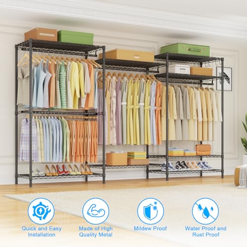 E13 Max Heavy Duty Clothes Rack（With 4 Hanger Rods & 8 Shelves） Freestanding Clothing Racks for Hanging Clothes，Adjustable Closet，Metal Garment Rack 86" W x16 D x77 H，Max Load 1100LBS，Black - color: Black, size: E13 Max