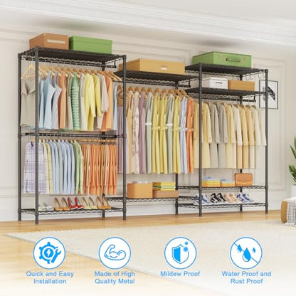 E13 Max Heavy Duty Clothes Rack（With 4 Hanger Rods & 8 Shelves） Freestanding Clothing Racks for Hanging Clothes，Adjustable Closet，Metal Garment Rack 86" W x16 D x77 H，Max Load 1100LBS，Black - color: Black, size: E13 Max