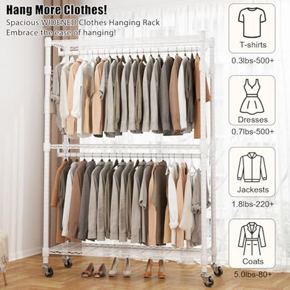 BATHWA Clothes Racks for Hanging Clothes, 25 mm tube Heavy Duty 47.3" W x 17.7" D x 80.7" H Large Wardrobe Rack with Shelves & Wheels Rolling Metal Commercial Multifuctional, White - color: White, size: Upgraded & Large