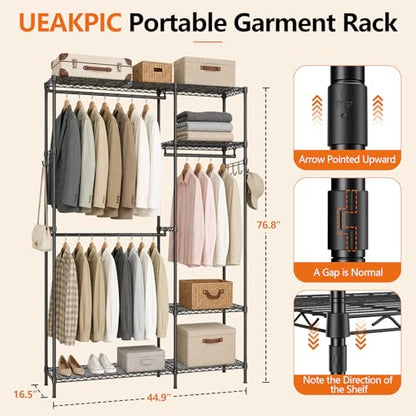 Clothes Rack with Adjustable Wire Shelves & Hanging Rods, Black | Portable Clothing Garment Rack for Hanging Clothes, Freestanding Closet Organizer, Heavy Duty, Max Load 700Lbs - color: Black