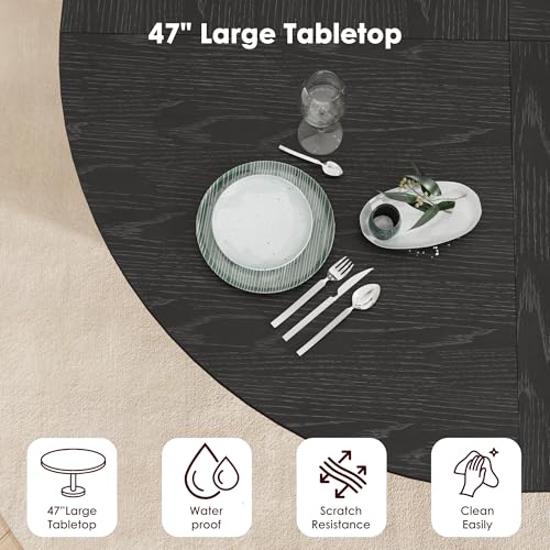 IDEALHOUSE 47 Inch Round Dining Table for 4, Black | With 2-Tier Shelf and Wood Slide Door, Pedestal Dinner Table Space Saving, T-Shape Base, Dining Room, Modern Black Finish - color: Black