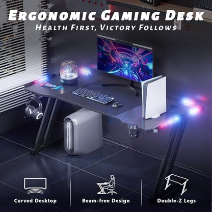 HLDIRECT 47 Inch Gaming Desk with App-Controlled RGB LED Lights, Black | Z-shaped frame design, cup holder, headphone hook, cable management & mouse pad, for dual-monitor gaming and work setup - size: 47 INCH BLACK