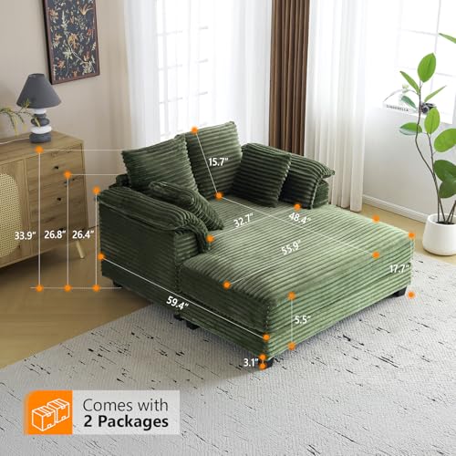 VINGLI Lounge Chair, 56" Oversized Reading Chair Corduroy Chaise Sofa Recliner Bed Upholstered Comfy Sleeper Couch with Throw Pillows and Armrests for Living Room, Movie Room, Bedroom - color: Green, style: Modern